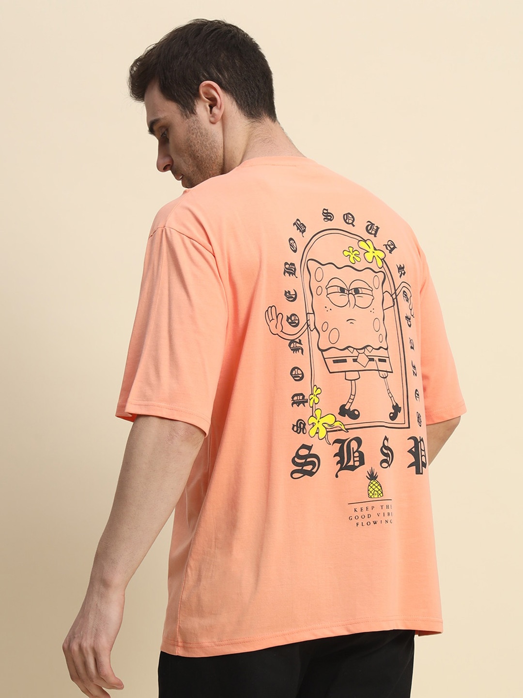 

COLOR CAPITAL Graphic Printed Drop-Shoulder Sleeves Cotton Oversized T-shirt, Peach