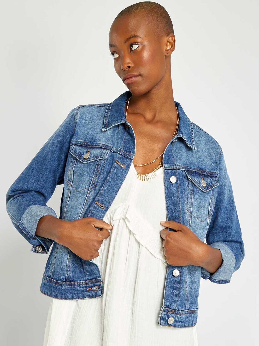 

KIABI Spread Collar Pure Cotton Denim Jacket, Blue