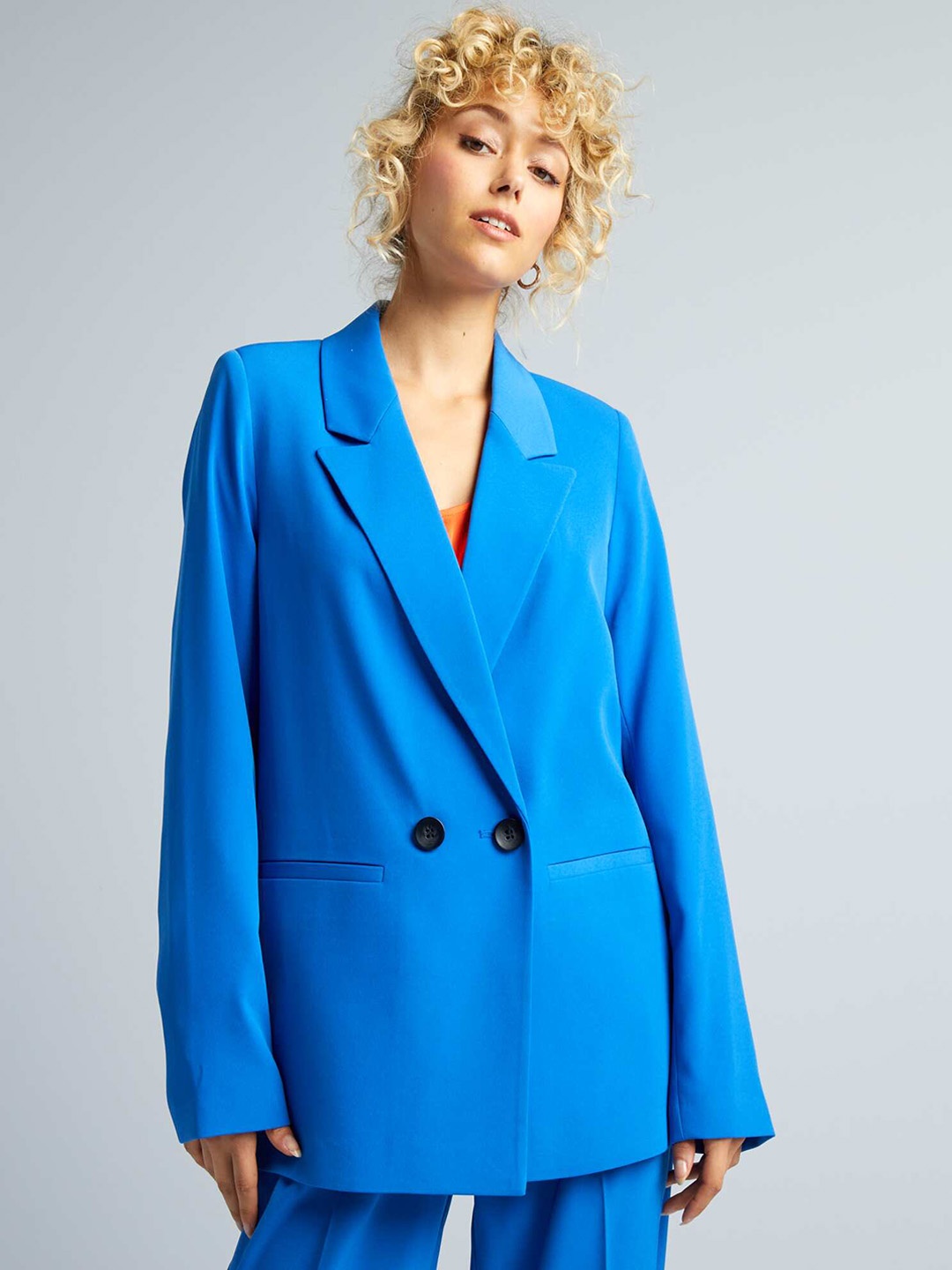

KIABI Notched Lapel Double-Breasted Blazer, Blue
