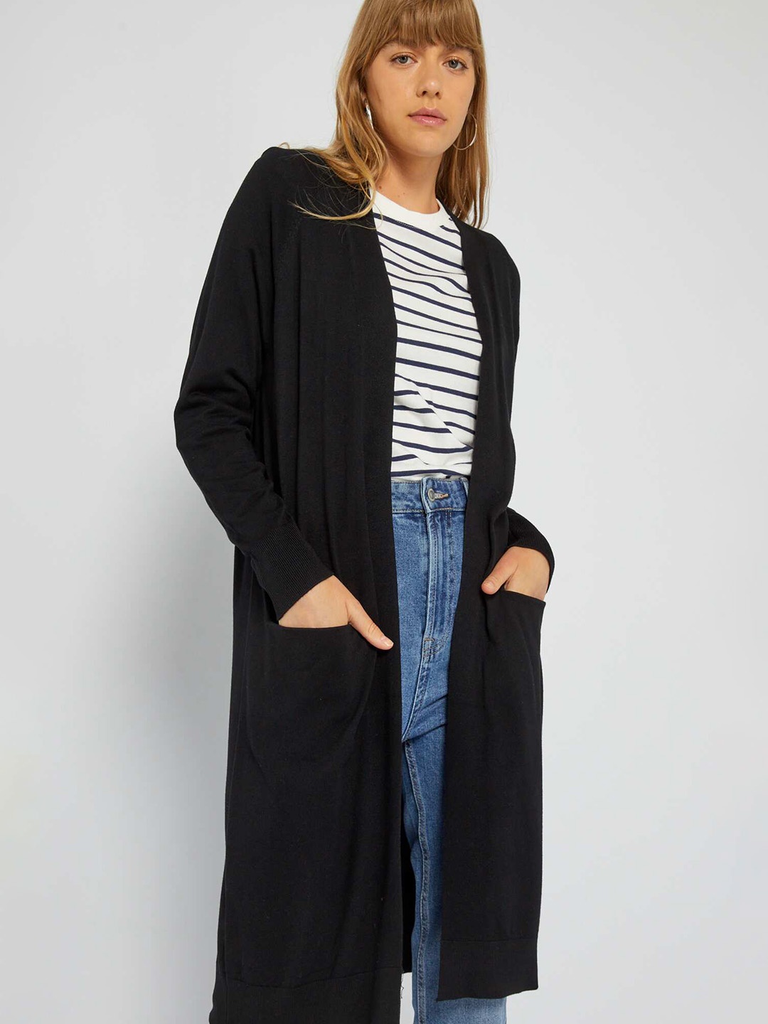 

KIABI Collarless Longline Open Front Jacket, Black