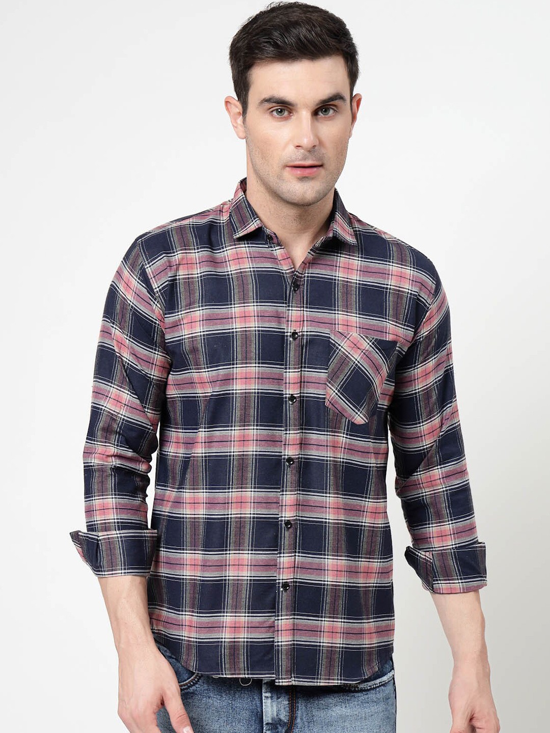 

ADWYN PETER Tartan Checked Spread Collar Long Sleeves Casual Shirt, Black