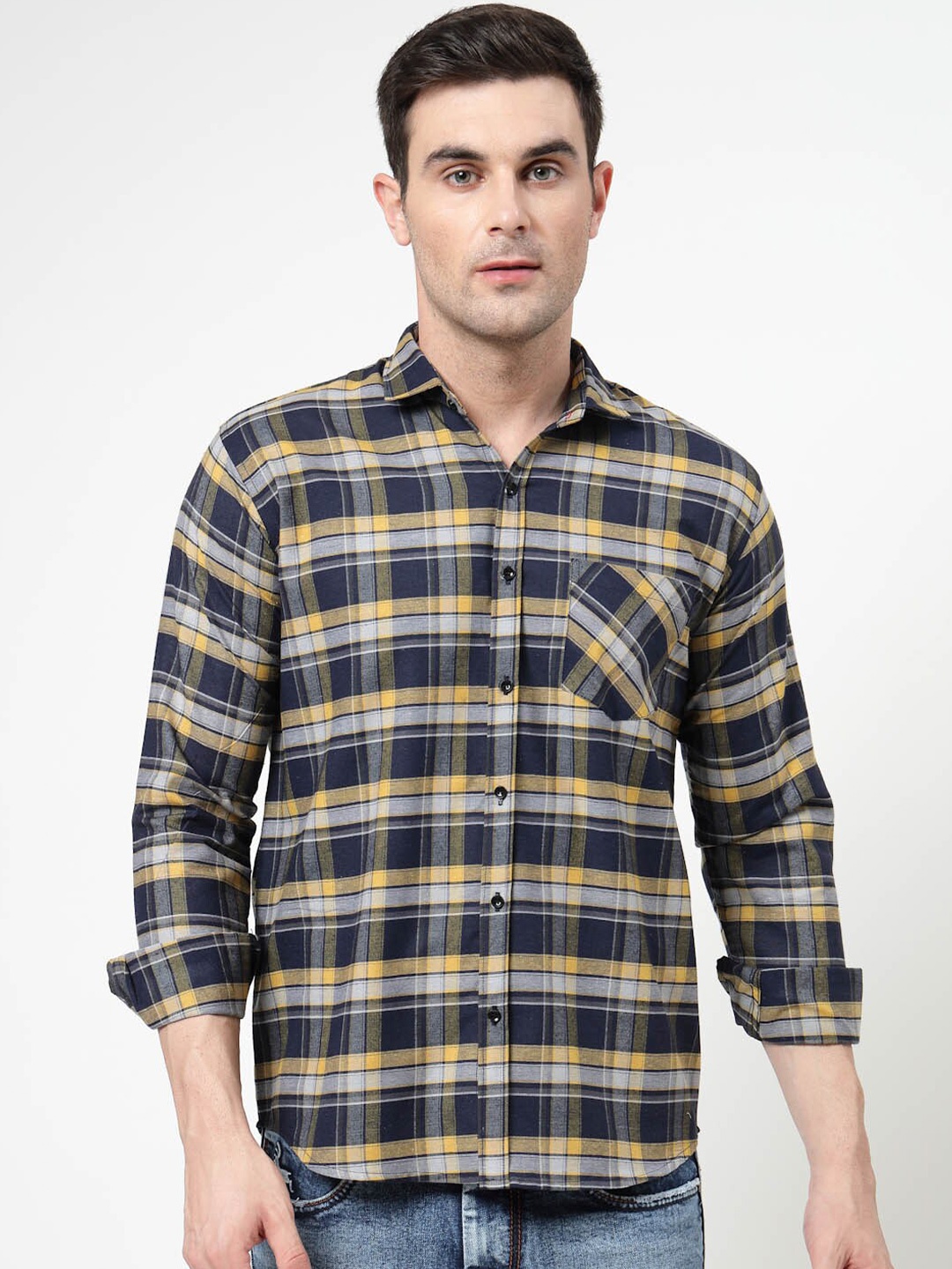 

ADWYN PETER Tartan Checked Pure Cotton Casual Shirt, Navy blue