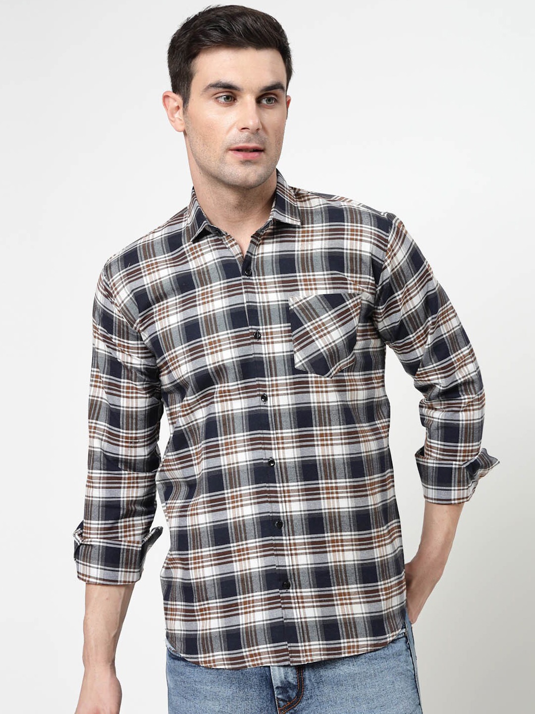 

ADWYN PETER Tartan Checked Spread Collar Long Sleeves Casual Shirt, White