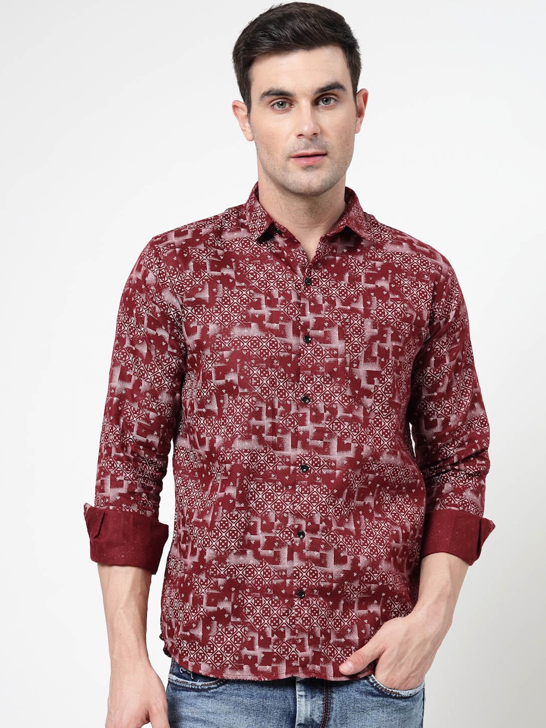 

ADWYN PETER Geometric Printed Pure Cotton Casual Shirt, Maroon