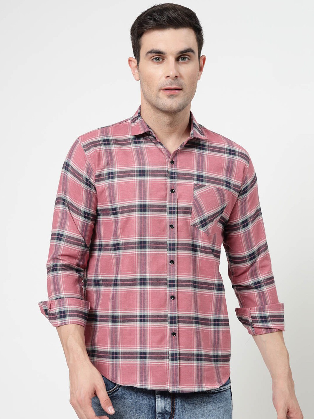 

ADWYN PETER Tartan Checked Spread Collar Long Sleeves Casual Shirt, Pink