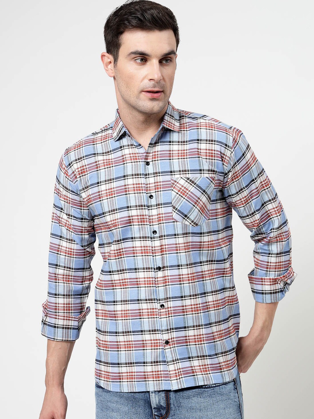 

ADWYN PETER New Tartan Checked Spread Collar Long Sleeves Casual Shirt, Blue