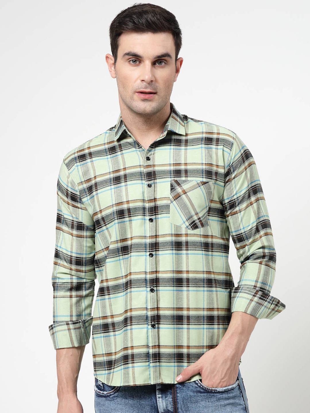 

ADWYN PETER Tartan Checked Pure Cotton Casual Shirt, Green