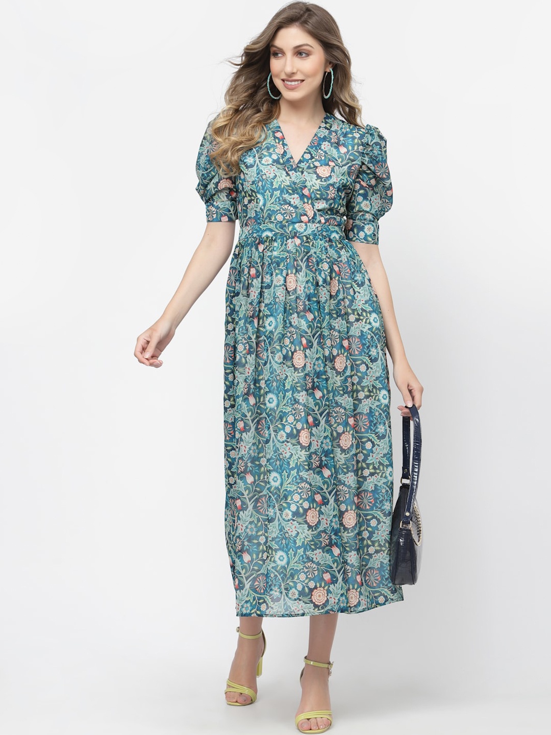 

BELAVINE Floral Print V-Neck Puff Sleeve Gathered Fit & Flare Midi Dress, Green