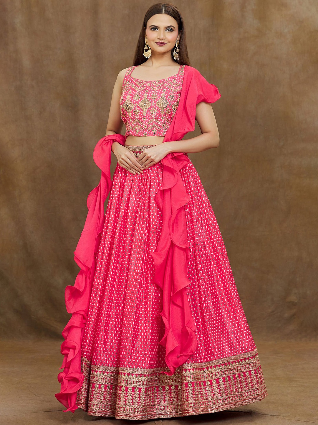 

FABPIXEL Embellished Thread Work Semi-Stitched Lehenga & Unstitched Blouse With Dupatta, Pink