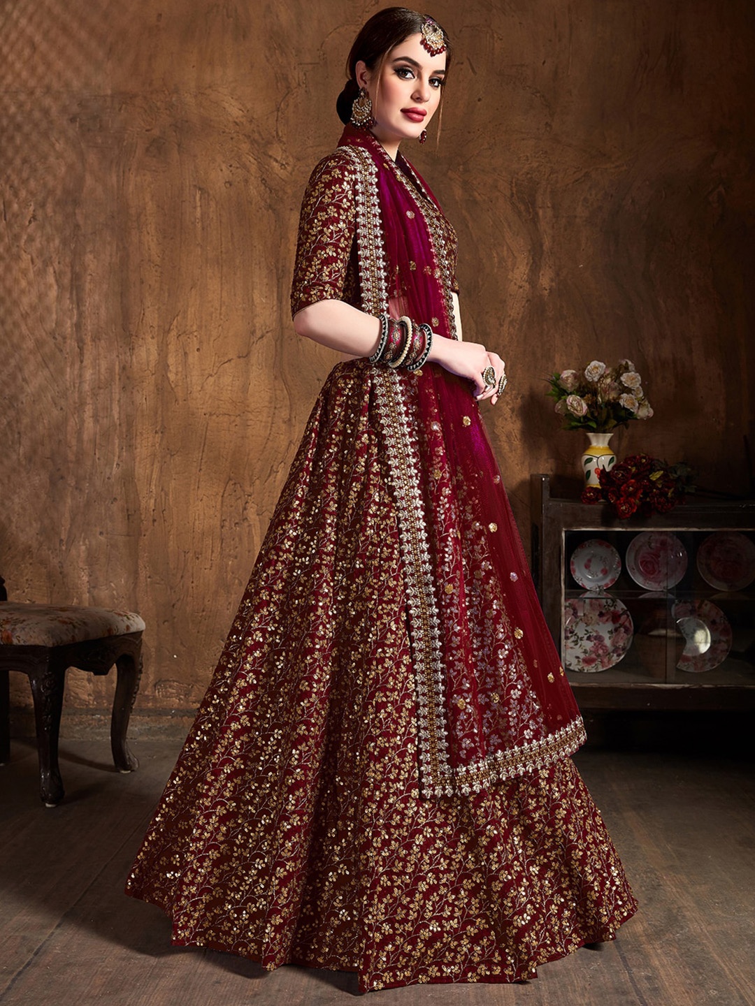 

FABPIXEL Embroidered Semi-Stitched Lehenga & Unstitched Blouse With Dupatta, Maroon
