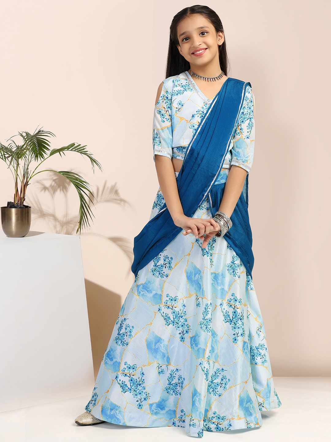 

FASHION DREAM Girls Floral Printed Ready to Wear Lehenga & Blouse With Attached Dupatta, Blue