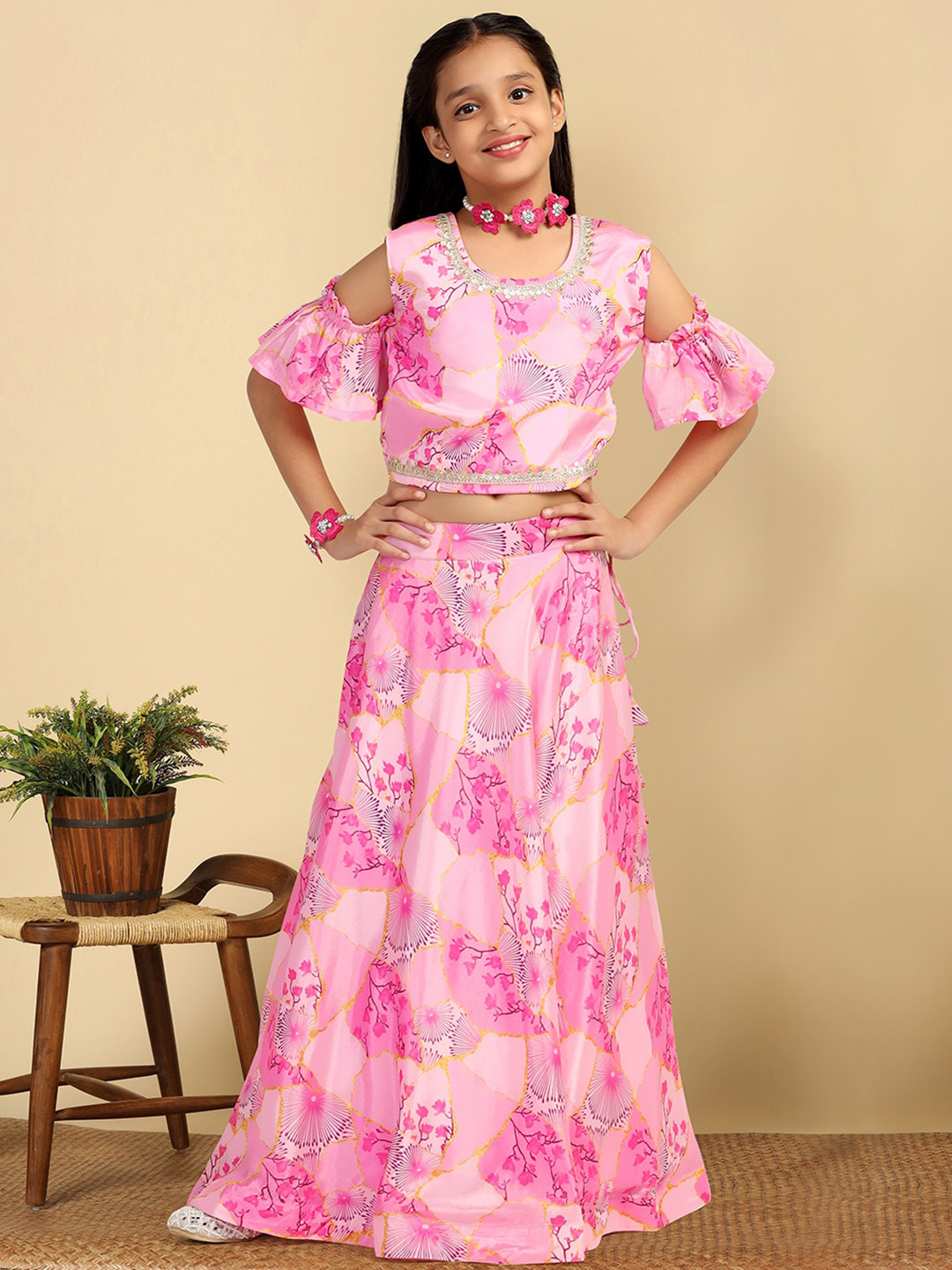 

FASHION DREAM Girls Floral Printed Gotta Patti Ready to Wear Lehenga & Blouse, Pink