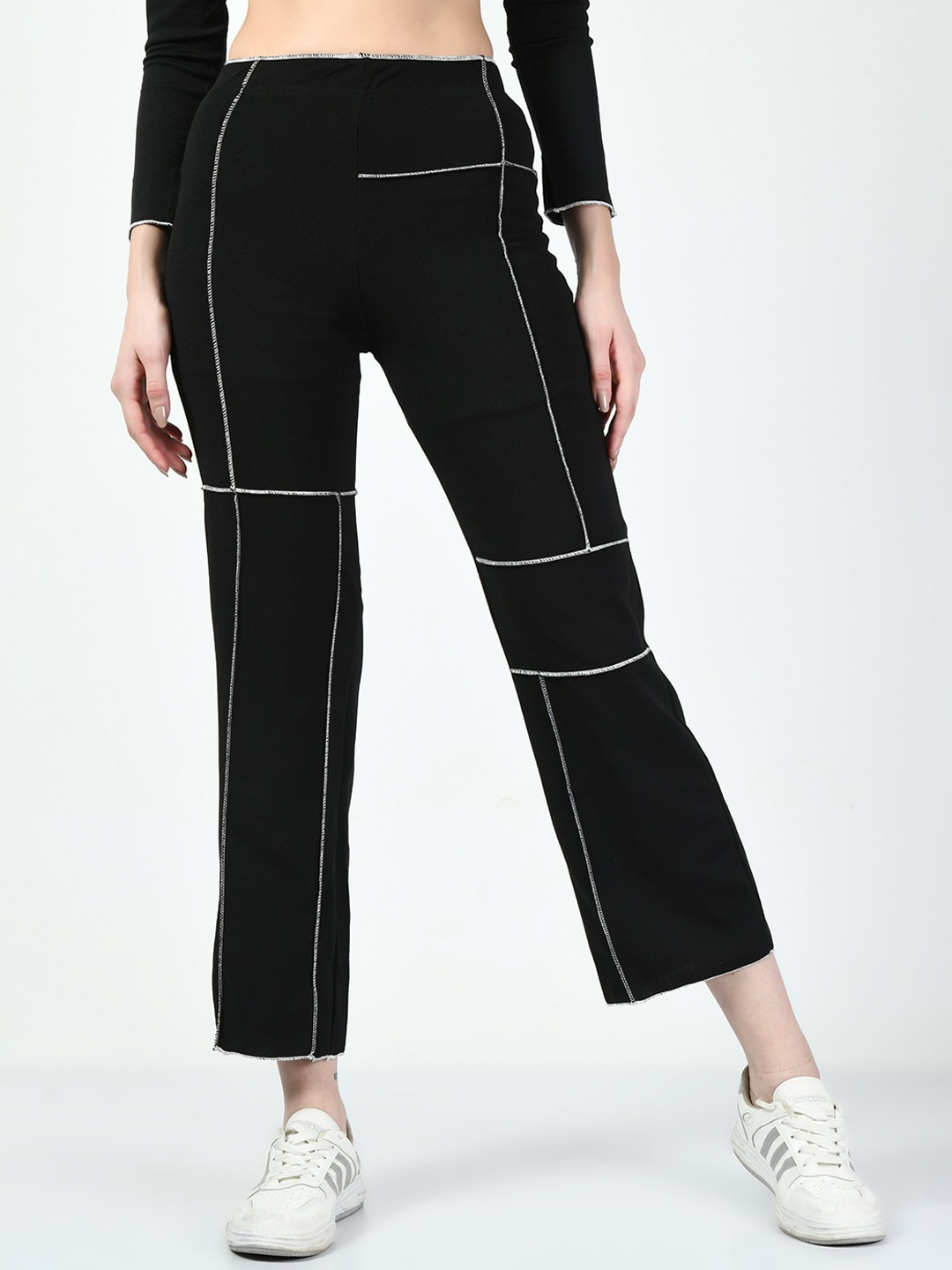 

CLAFOUTIS Women Flared High-Rise Stretchable Regular Trousers, Black
