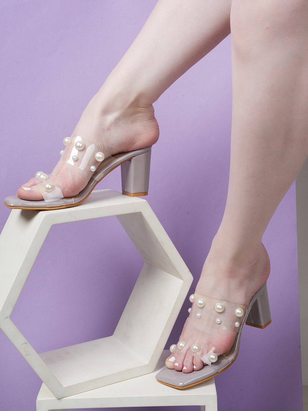 

DressBerry Grey Embellished Block Heels