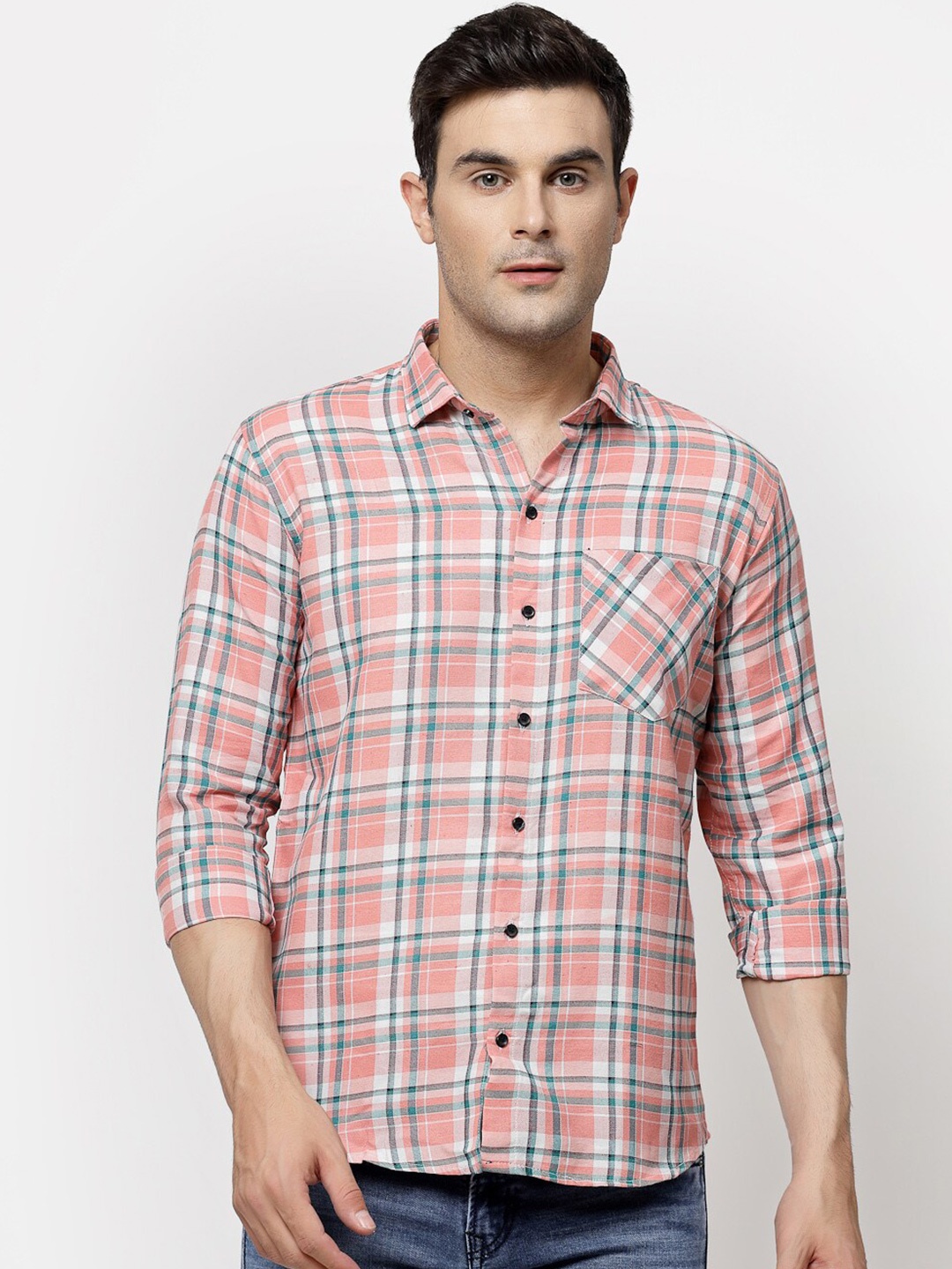 

ADWYN PETER Tartan Checked Opaque Cotton Casual Shirt, Peach