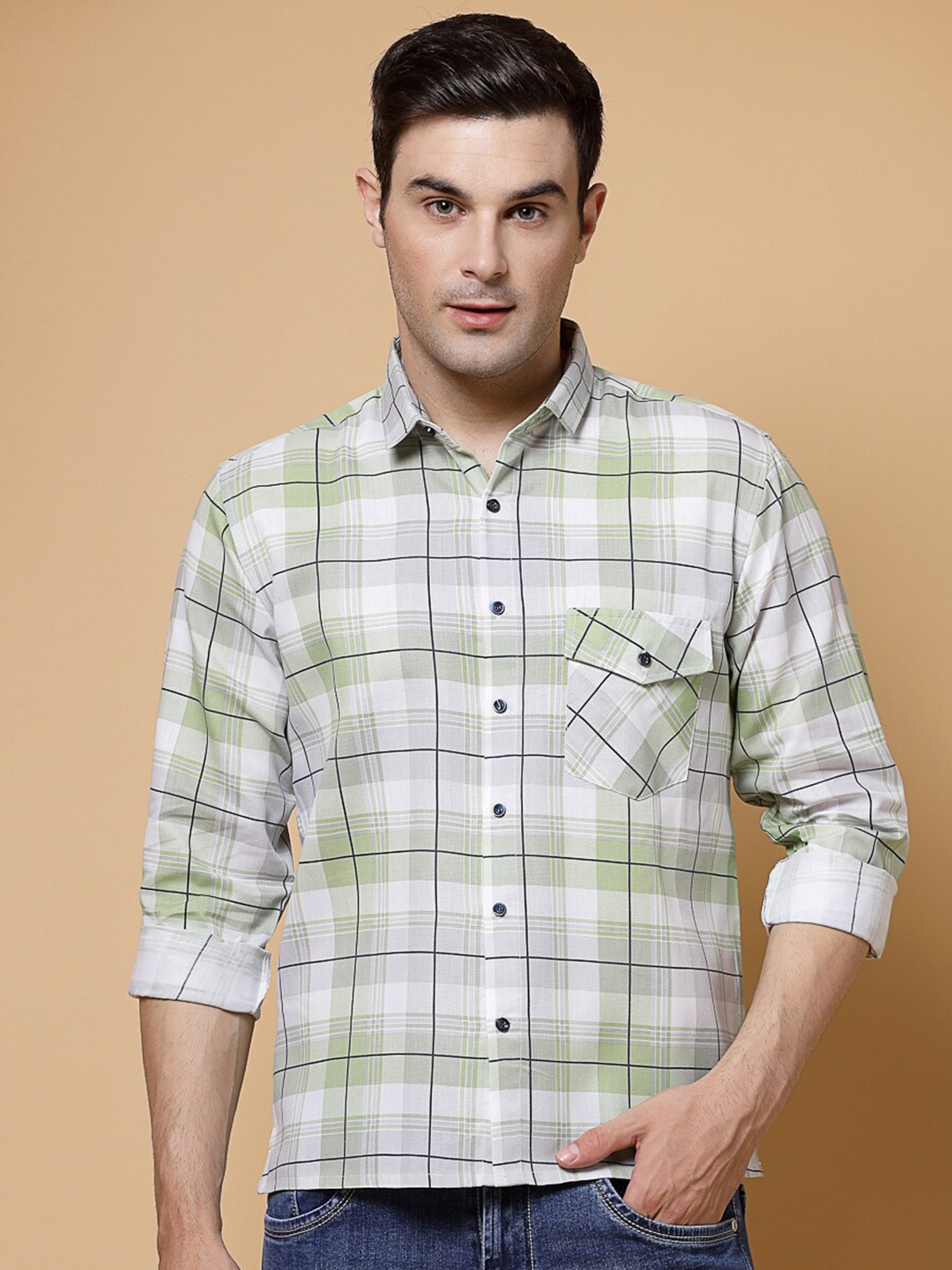 

ADWYN PETER Checked Straight Spread Collar Casual Shirt, Grey