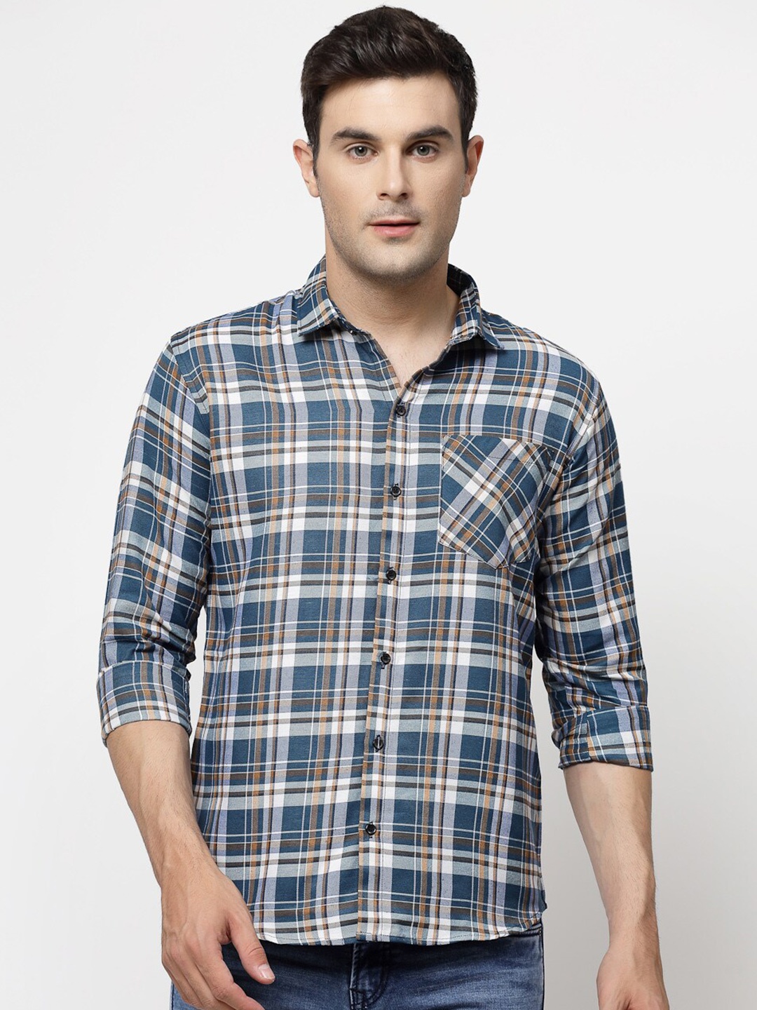 

ADWYN PETER Tartan Checked Spread Collar Long Sleeves Casual Shirt, Green
