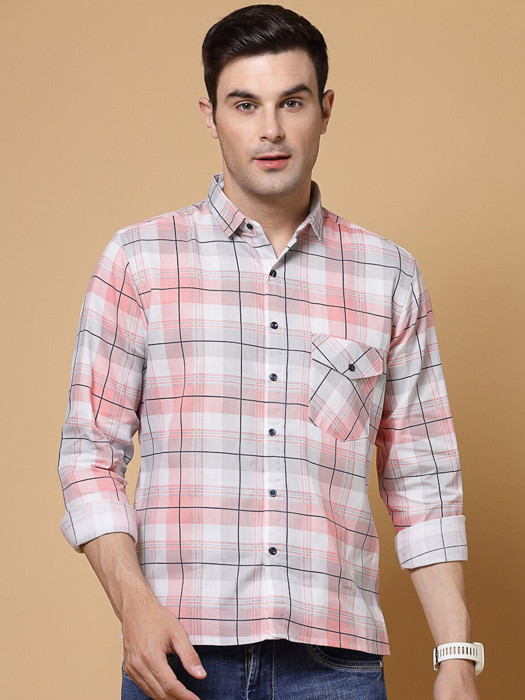 

ADWYN PETER Tartan Checked Spread Collar Long Sleeves Casual Shirt, White