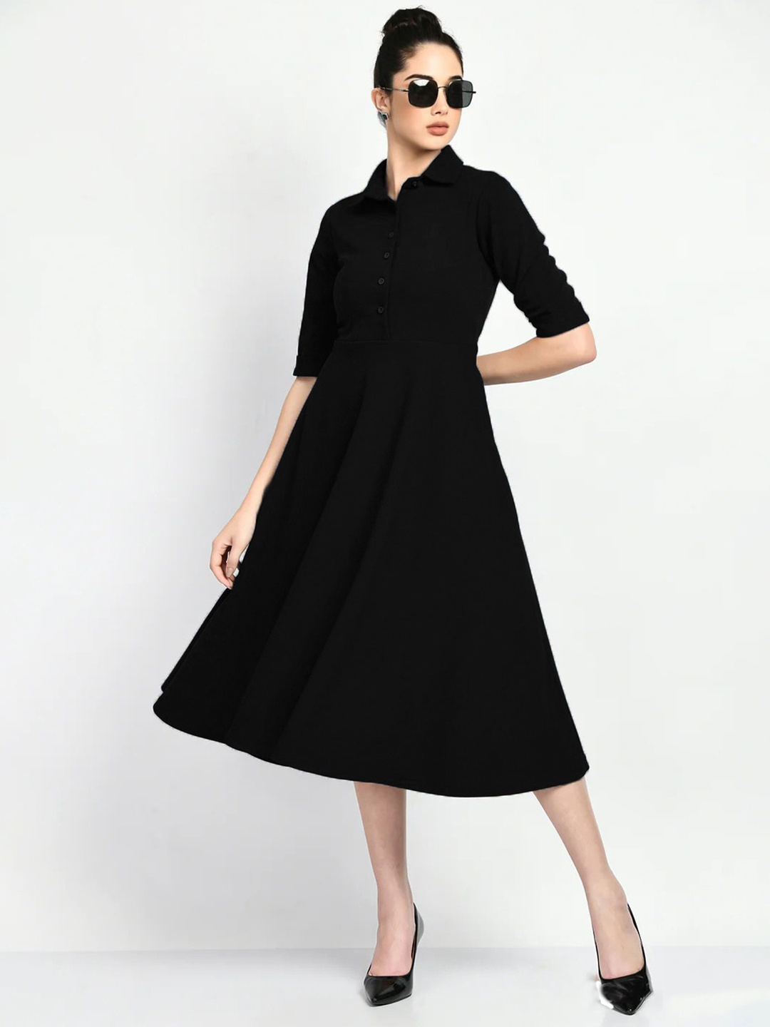 

Womenster Shirt Collar Flared Shirt Midi Dress, Black