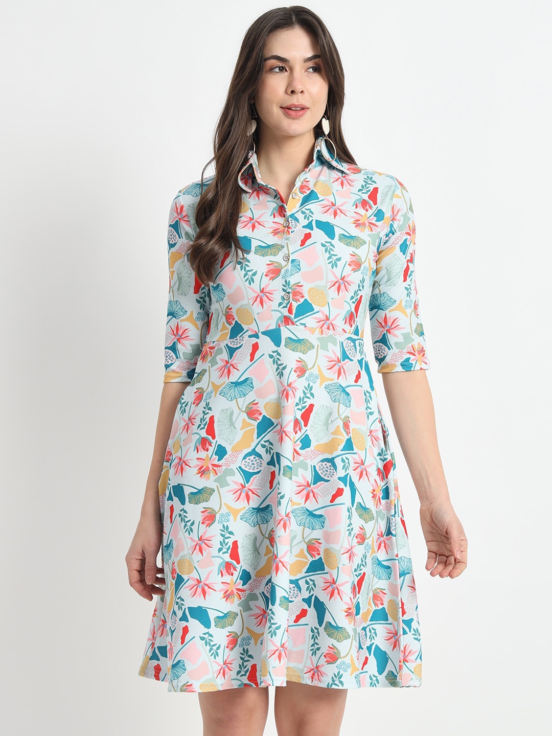 

Womenster Floral Printed Shirt Collar Flared Fit & Flare Dress, Blue
