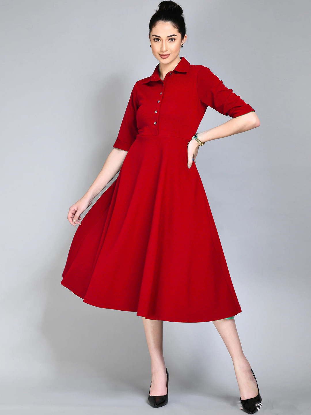 

Womenster Shirt Collar Three-Quarter Roll-Up Sleeves Midi Dress, Red