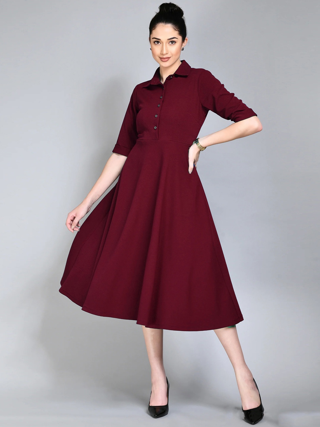 

Womenster Shirt Collar Flared Shirt Midi Dress, Maroon