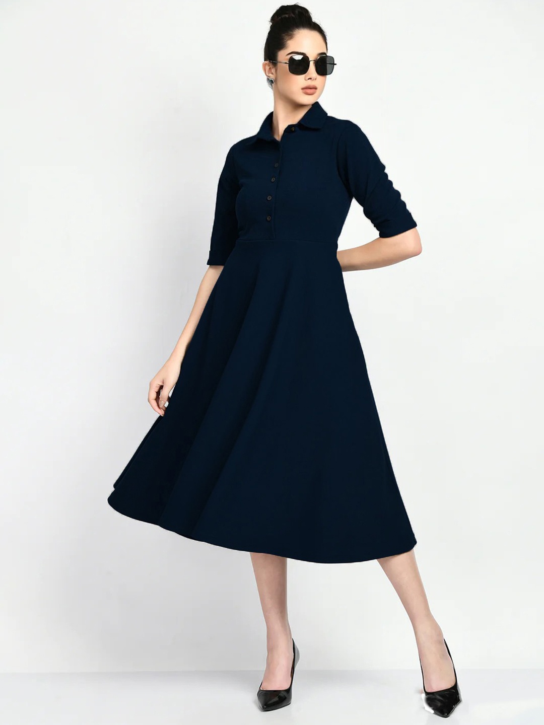 

Womenster Shirt Collar Short Sleeves Fit & Flare Midi Dress, Navy blue