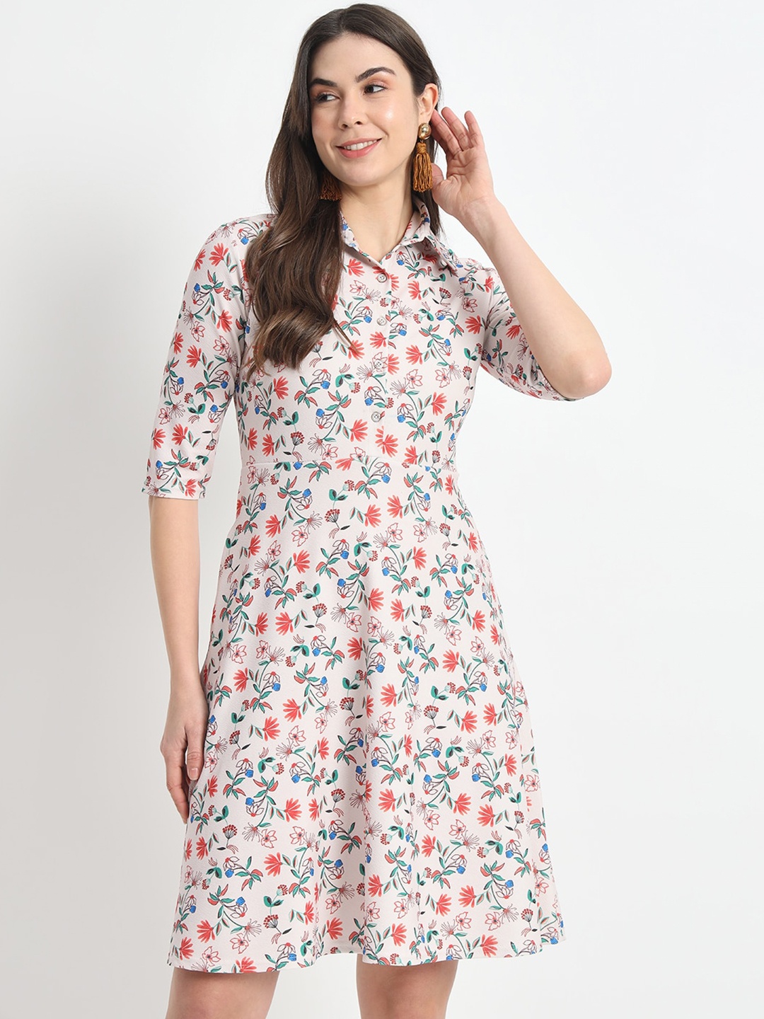 

Womenster Floral Printed Shirt Collar Flared Fit & Flare Dress, Cream