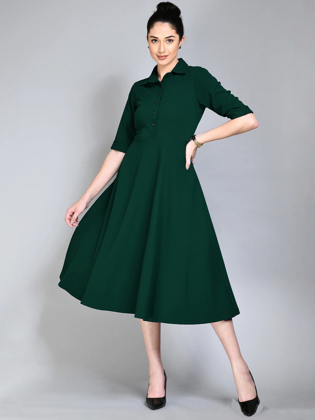

Womenster Shirt Collar Flared Shirt Midi Dress, Green