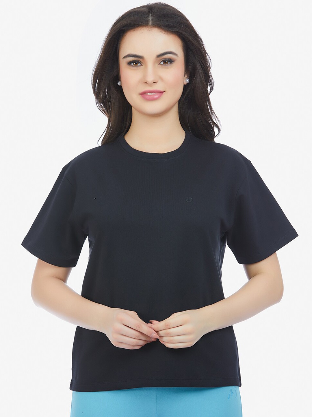 

MAYSIXTY Round Neck Short Sleeves Pure Cotton Regular T-shirt, Black