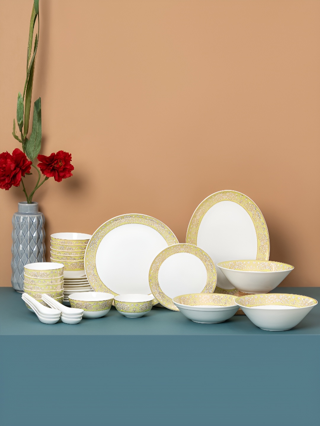 

JCPL White & Yellow 34 Pieces Floral Printed Ceramic Glossy Dinner Set