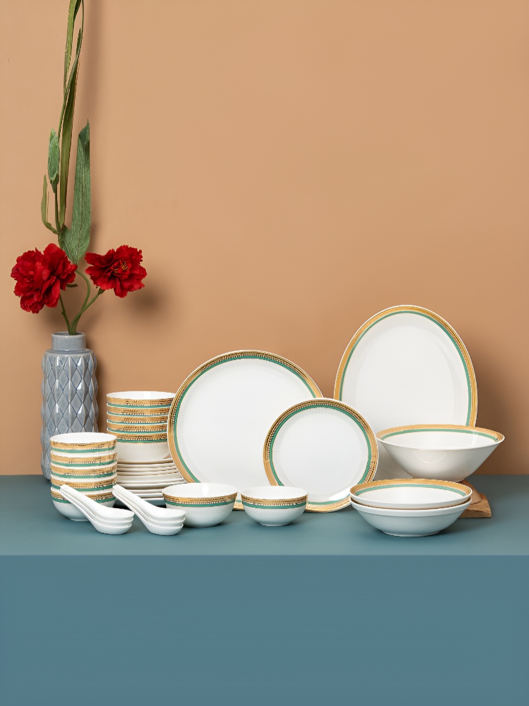 

JCPL White & Gold-Toned 34 Pieces Ethnic Motifs Printed Ceramic Glossy Dinner Set