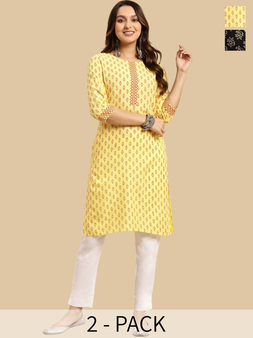 

Rangita Selection of 2 Ethnic Motifs Printed Round Neck Gotta Patti Straight Kurta, Black