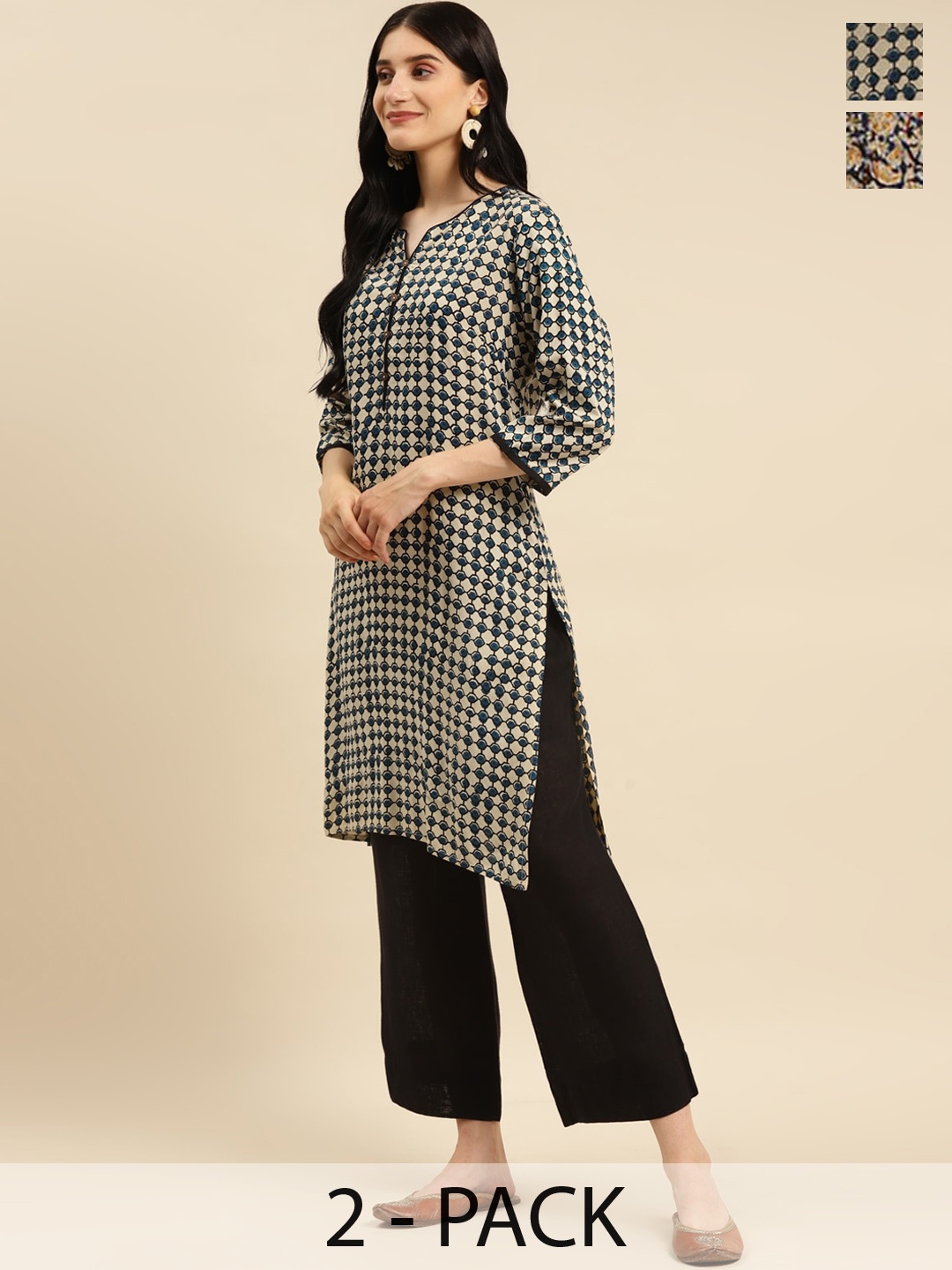 

Rangita Paisley Printed Pack of 2 Round Neck Straight Kurta, Navy blue
