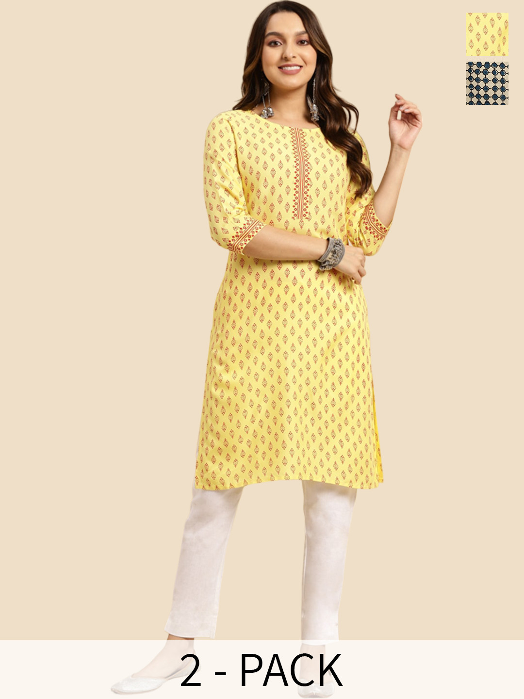 

Rangita Pack Of 2 Ethnic Motifs Printed Straight Kurta, Yellow