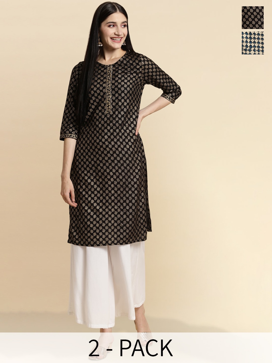 

Rangita Pack Of 2 Geometric Printed Round Neck Thread Work Straight Kurta, Navy blue