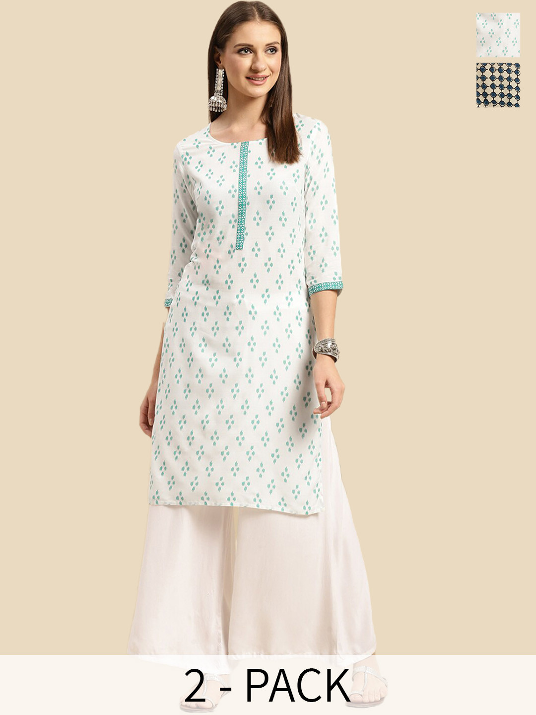 

Rangita Selection of 2 Ethnic Motifs Printed Round Neck Straight Kurtas, White