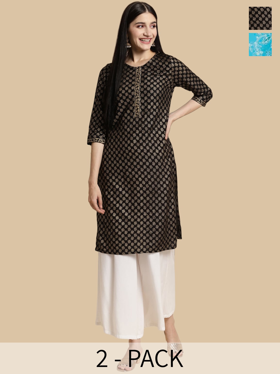 

Rangita Pack Of 2 Ethnic Motifs Printed Kurta, Black