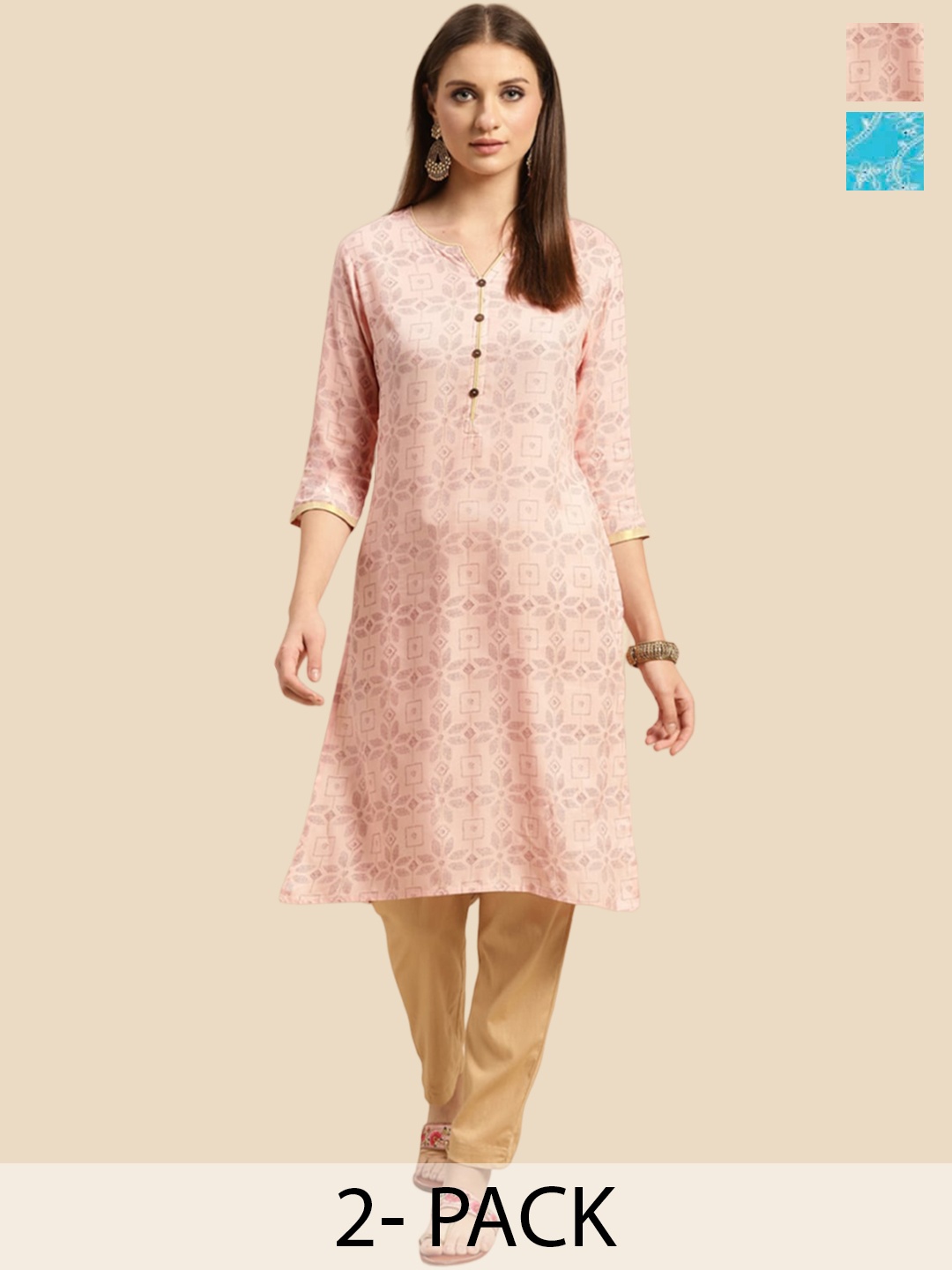 

Rangita Selection Of 2 Ethnic Motifs Printed Curved A-Line Kurta, Turquoise blue