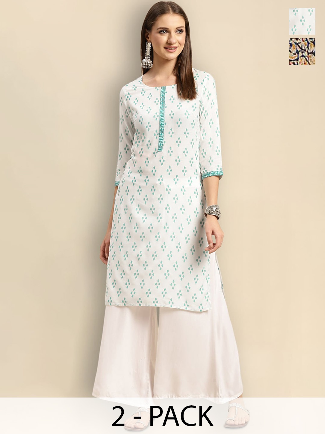 

Rangita Pack Of 2 Paisley Printed Round Neck Kurta, White