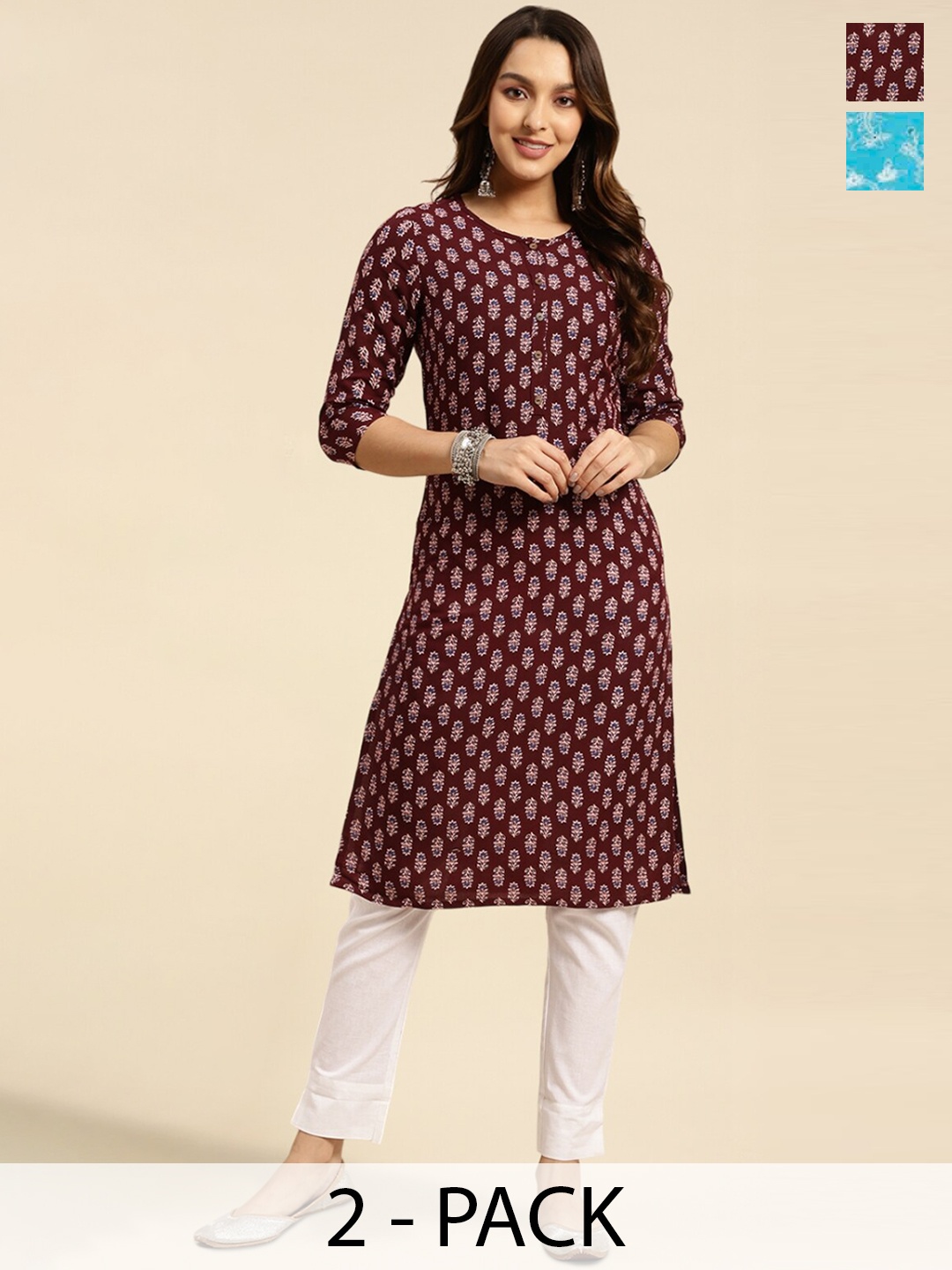 

Rangita Floral Printed Selection of 2 Round Neck Kurta, Turquoise blue