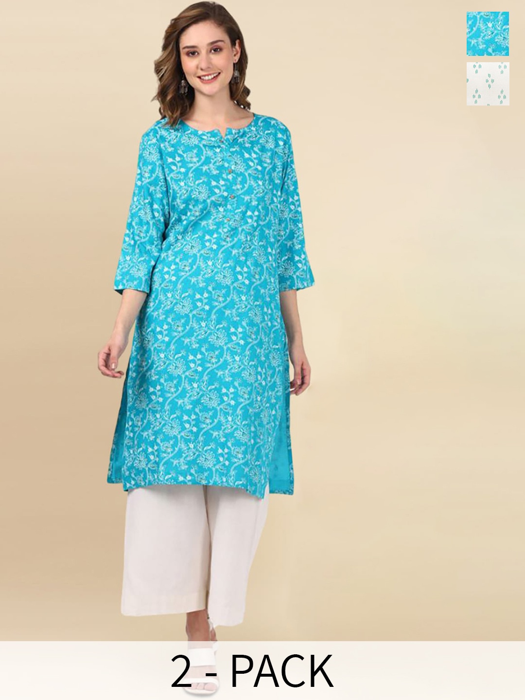 

Rangita Pack of 2 Floral Printed Straight Kurtas, Turquoise blue