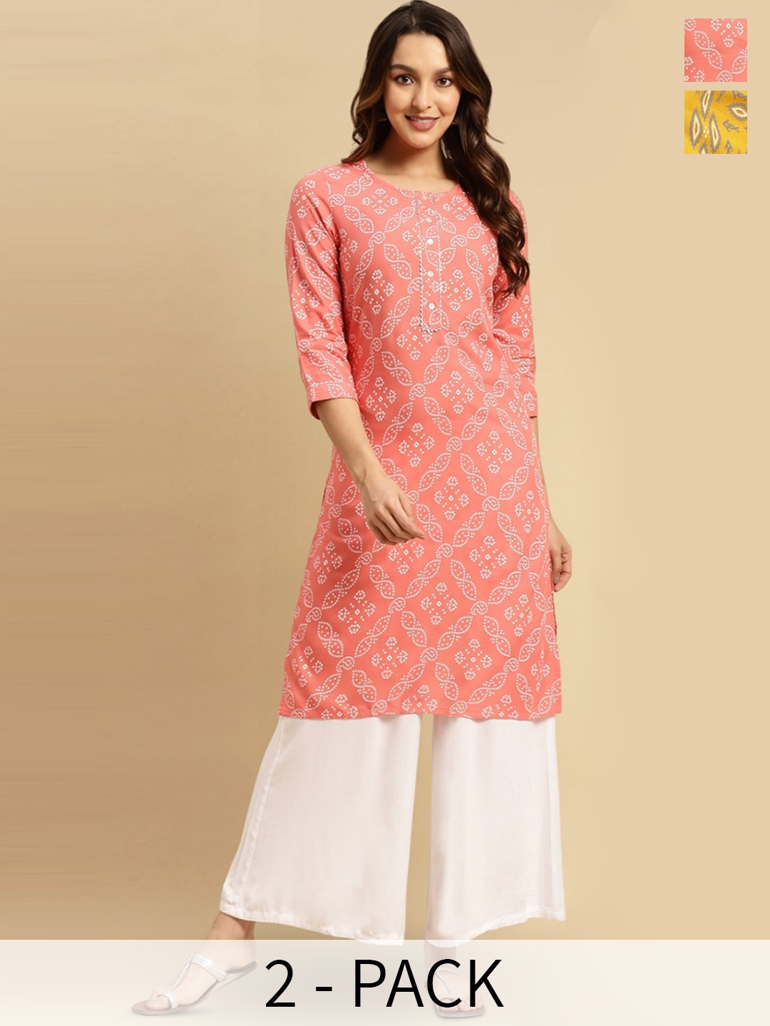 

Rangita Selection Of 2 Ethnic Motifs Printed Straight Kurta, Peach