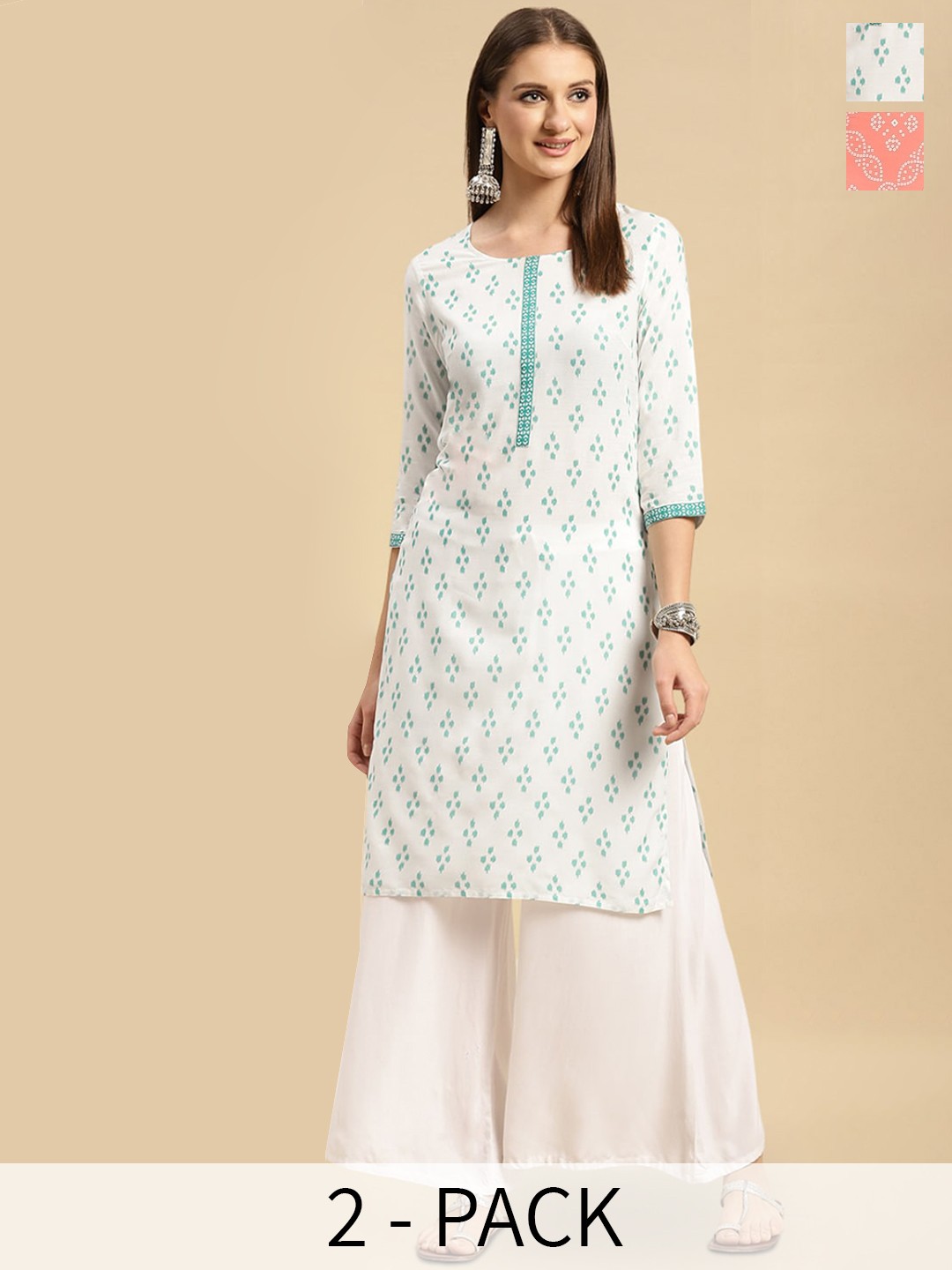 

Rangita Selection Of 2 Ethnic Motifs Printed Round Neck Three-Quarter Sleeves Kurta, White