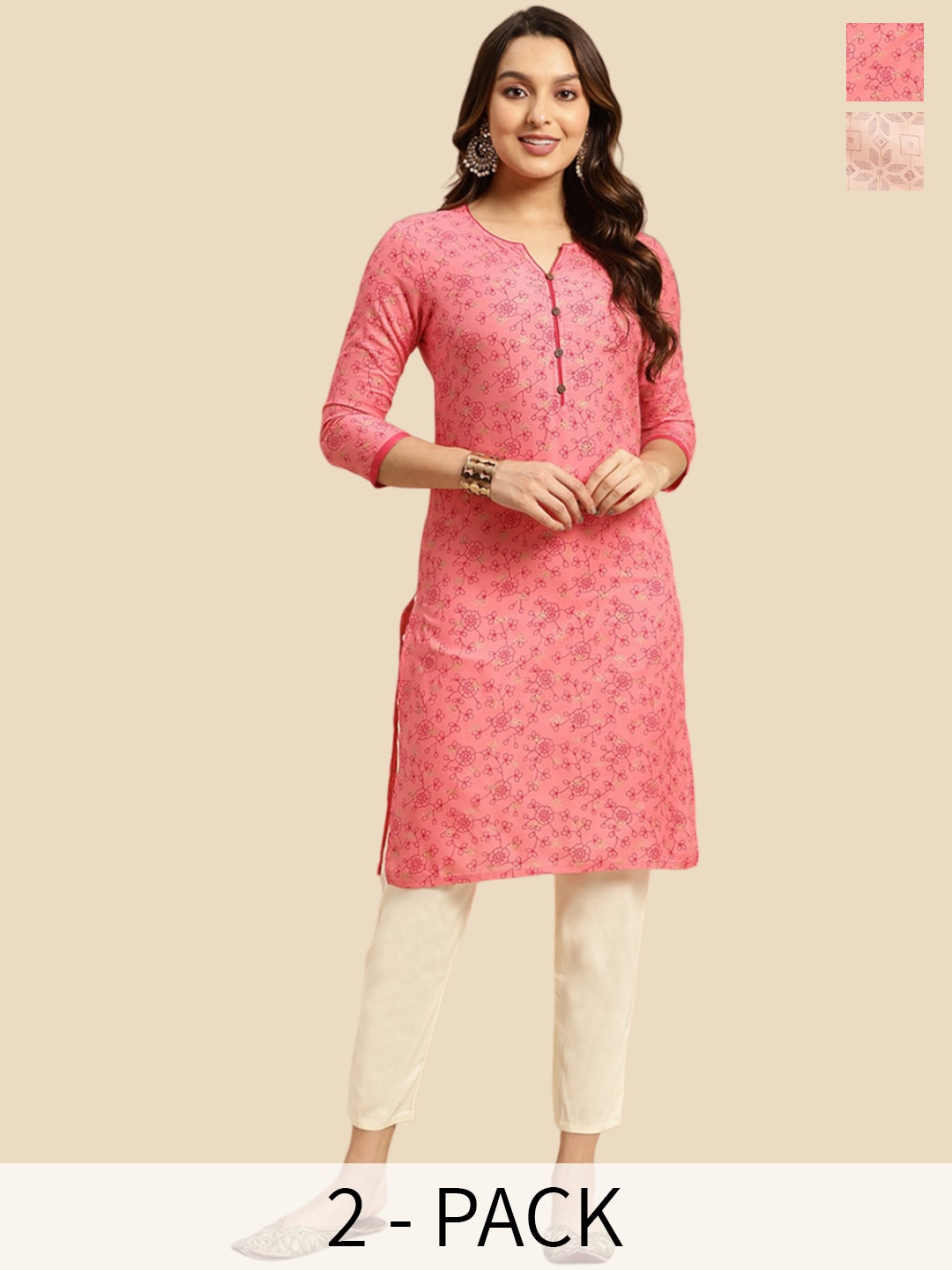 

Rangita Floral Printed Selection of 2 Round Neck Straight Kurta, Pink