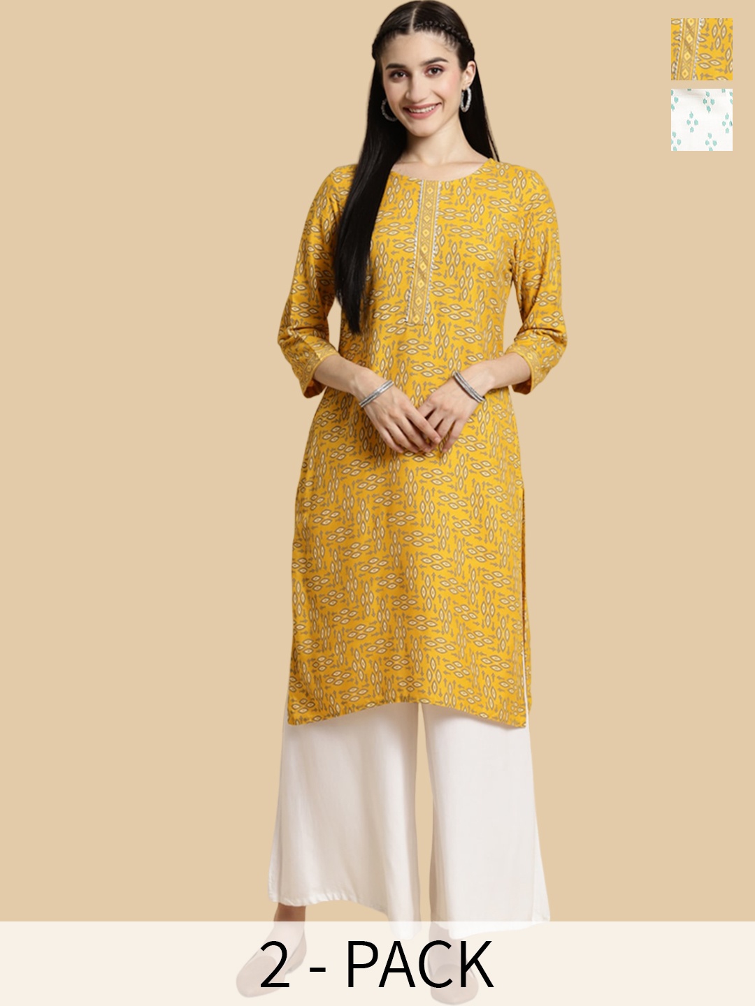 

Rangita Geometric Printed Selection of 2 Knee Length Straight Kurta, Yellow