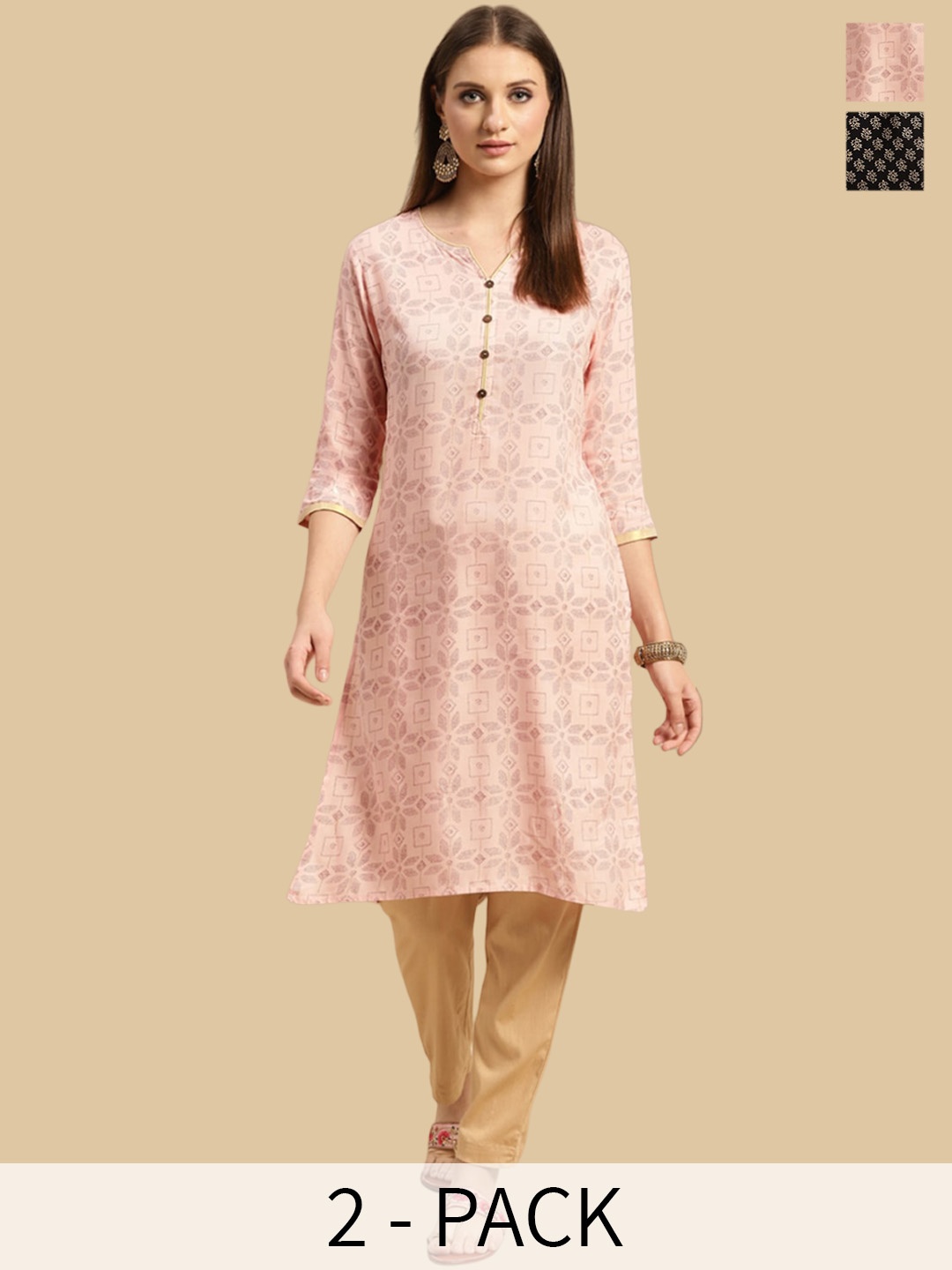 

Rangita Selection of 2 Printed Gotta Patti Straight Kurtas, Peach