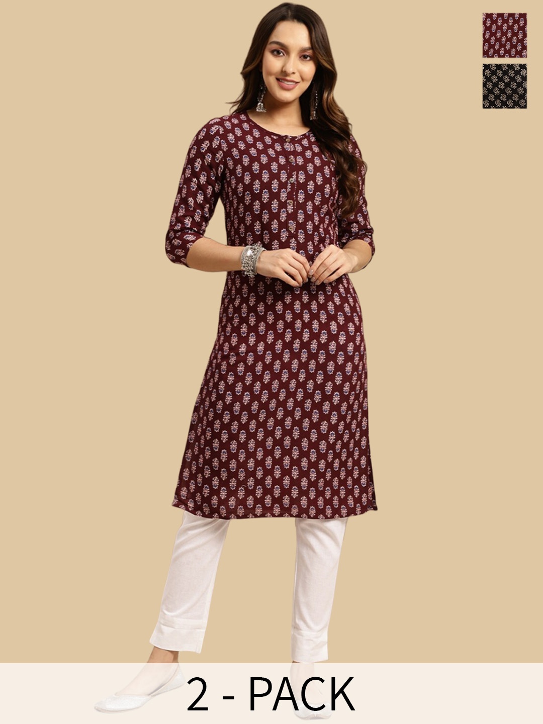 

Rangita Selection of 2 Printed Gotta Patti Straight Kurtas, Black