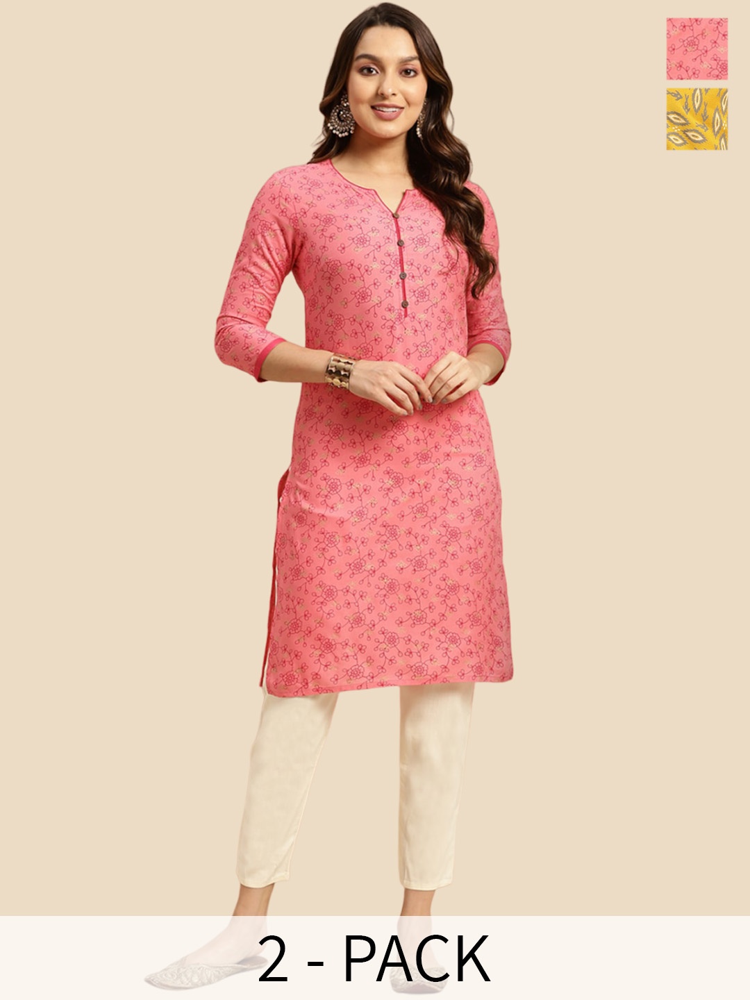 

Rangita Floral Printed Selection of 2 Knee Length Straight Kurta, Pink