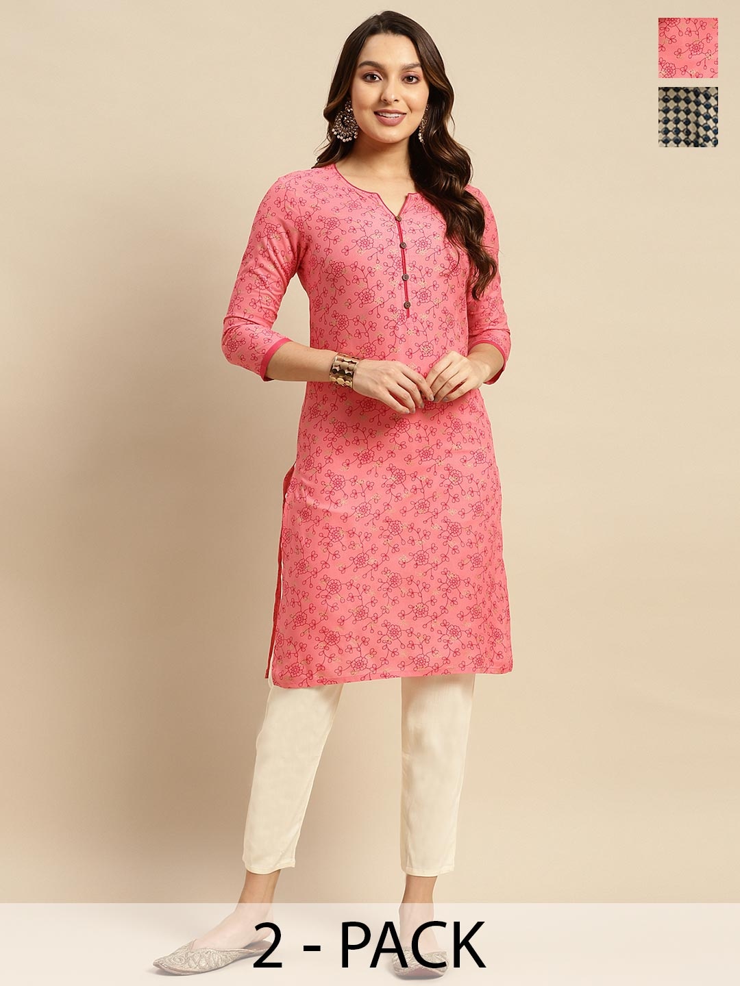 

Rangita Selection Of 2 Floral Printed Straight Kurtas, Pink